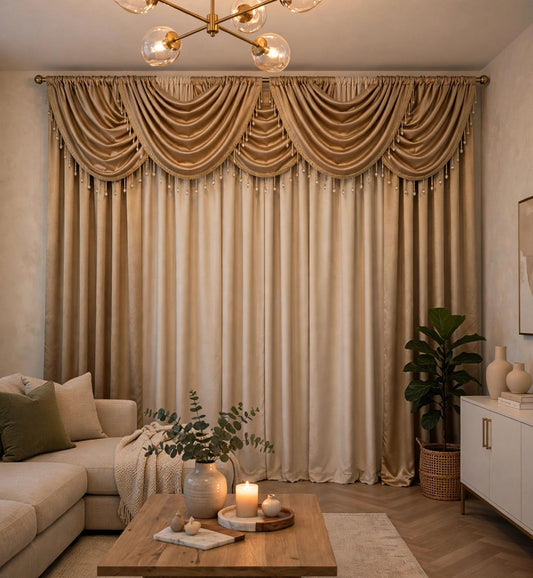 Luxury Regency 9 Pc Gold & Beige Curtain Set for 70–80 Inch Windows | Elegant Waterfall Valance Design - Stylish Curtains