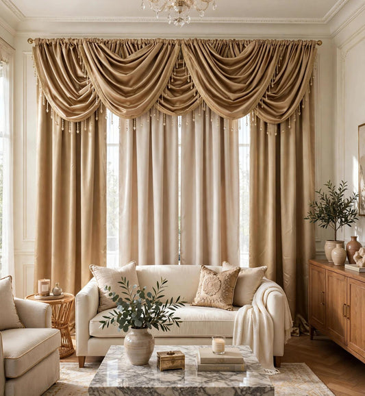 Luxury Regency 9 Pc Gold & Beige Curtain Set for 70–80 Inch Windows | Elegant Waterfall Valance Design - Stylish Curtains