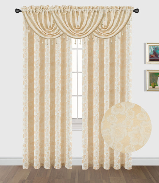 Yara Jacquard Curtain Set – Rod Pocket Panels + Waterfall Valance | Elegant Complete Window Treatment
