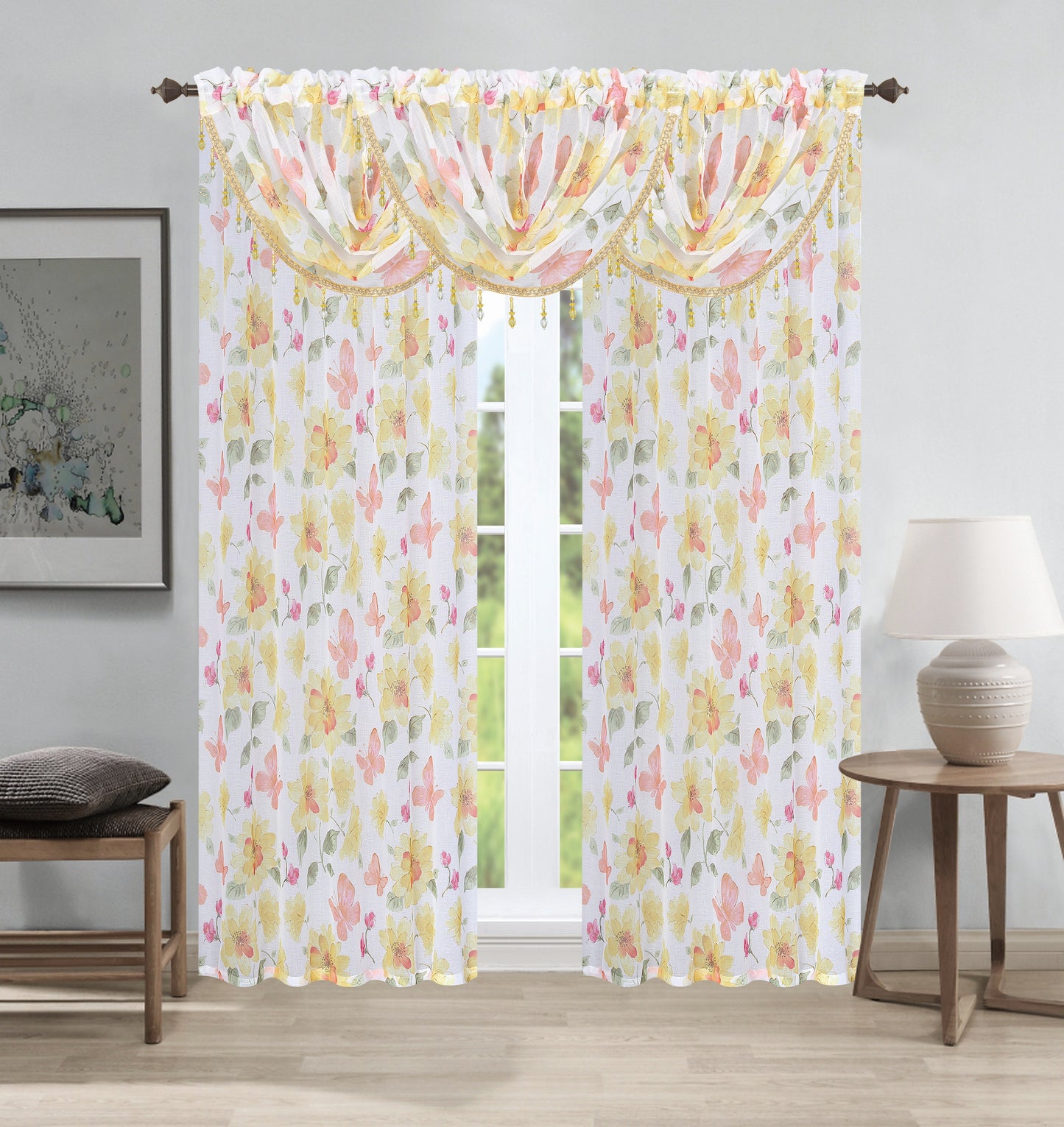 Anika 5-Piece Floral Curtain Set – 3 Valances & 2 Panels - Stylish Curtains