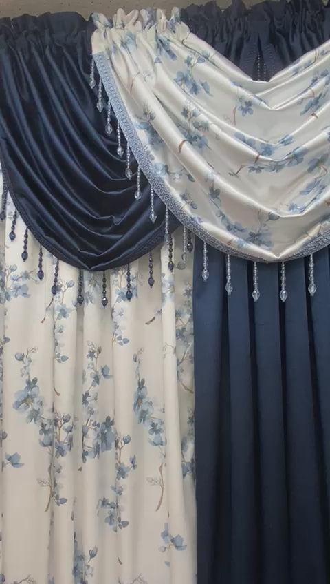 Regency Blossom 6 Piece Luxury Curtain Set – Blue and Navy