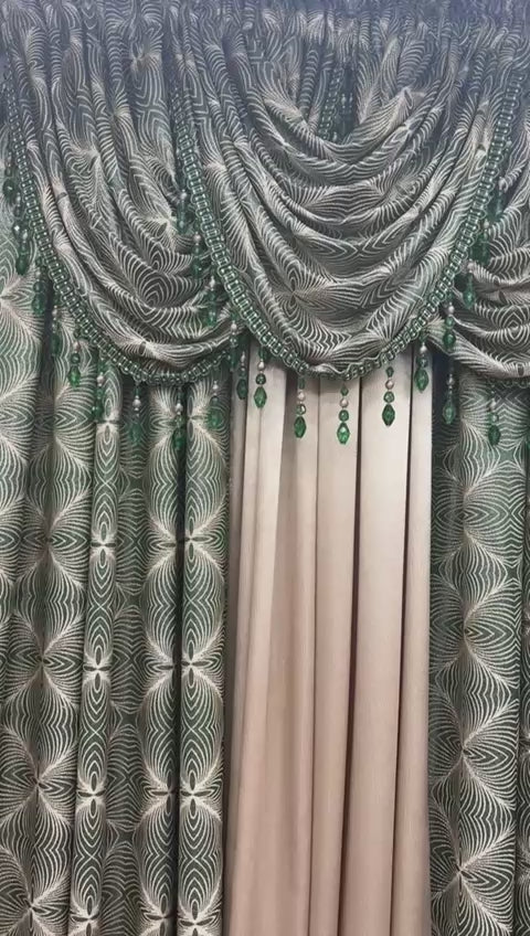 Margo 6 Piece Luxury Curtain Set With Regency Center Panel – Emerald and Beige