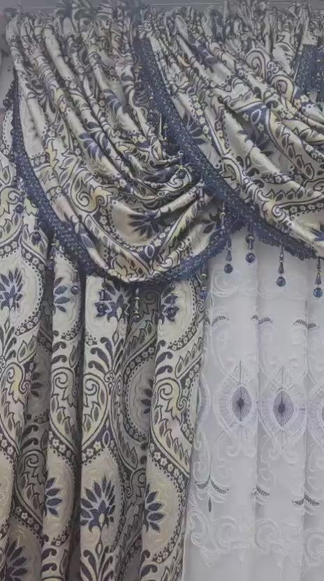 LIZET navy 7PC curtain set arranged with two curtain rods