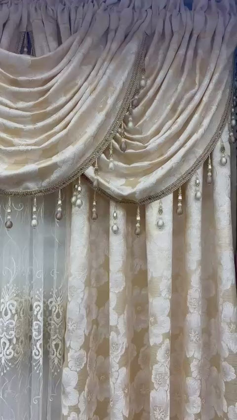 Yara 6-Piece Luxury Jacquard Curtain Set with Beaded Valance
