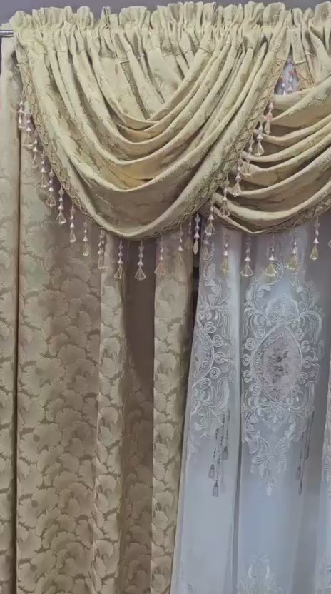 8 piece Stefania gold curtain set with four waterfall valances and layered panel Video