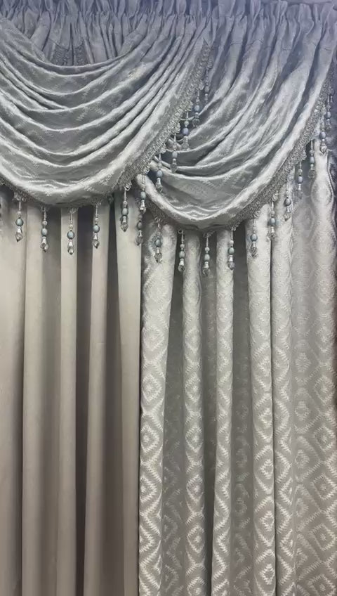 Maxine 6-Piece Silver Curtain Set with Nancy Gray Middle Panel