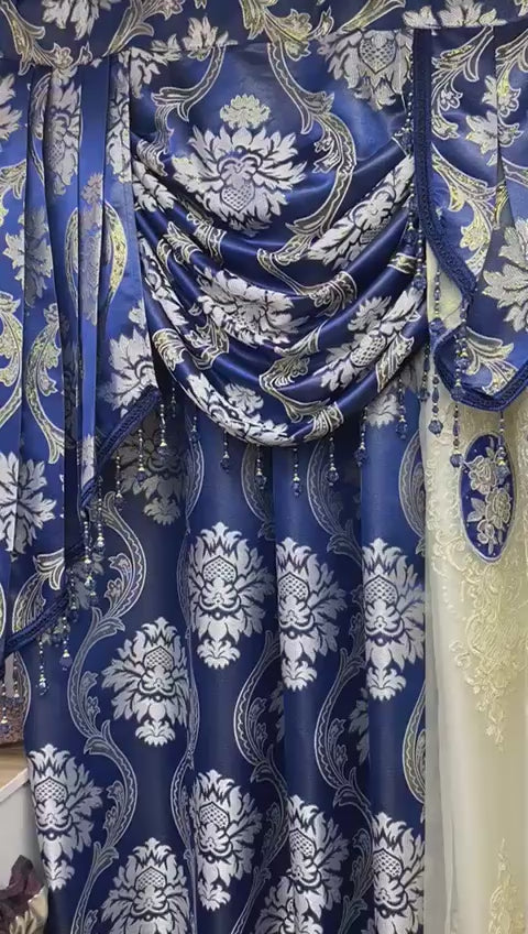 Blue Mina Luxury Curtain Set for 78 Inch Wide Window with Monalisa Panels and Backing