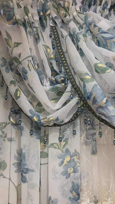 6 pieces Anna aqua Sheer Curtain Set for Living Room | Amy embroidered middle panel