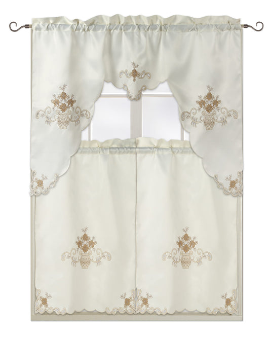 Camila Embroidered 3 Piece Kitchen Curtain Set - Stylish Curtains